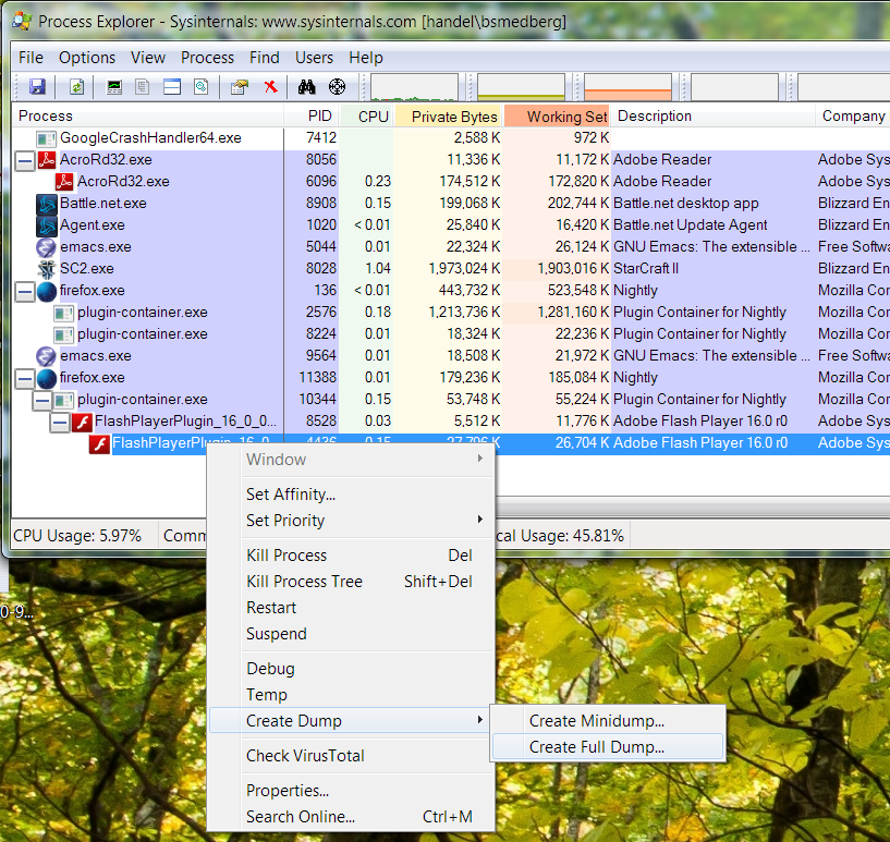Process Explorer screenshot of collecting a full dump