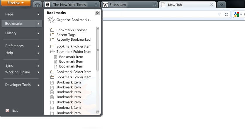 Firefox Menu button 2 column win7 start menu style bookmarks selected.png