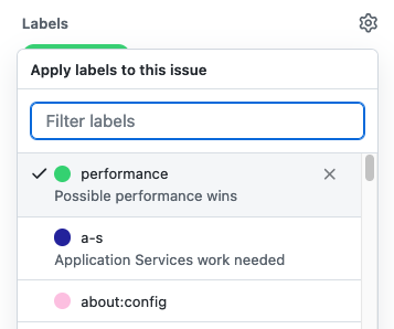 Screenshot of adding a performance label on GitHub