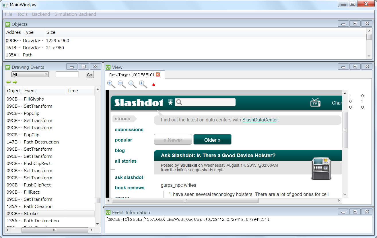 Screenshot of Player 2D playing back a recording of slashdot.org.