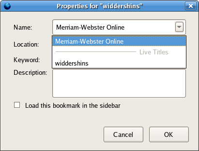 screenshot of Bookmark Properties dialog while removing microsummary