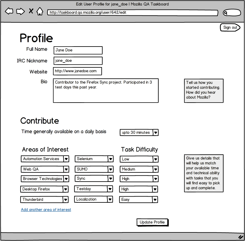 Mockup of the Edit Profile Page