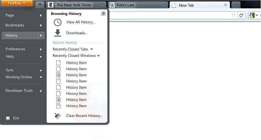 Firefox Menu button 2 column win7 start menu style history selected.png