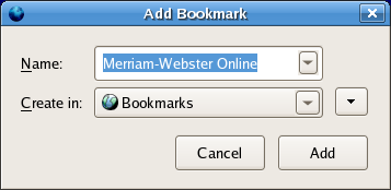 screenshot of Add Bookmark dialog for bookmark with microsummary