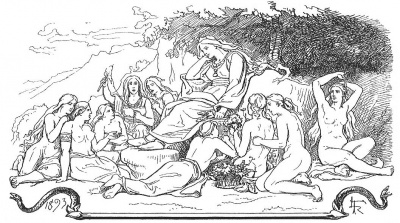 Menglöð sits with the nine maidens, including Eir, on Lyfjaberg (1893) by Lorenz Frølich.